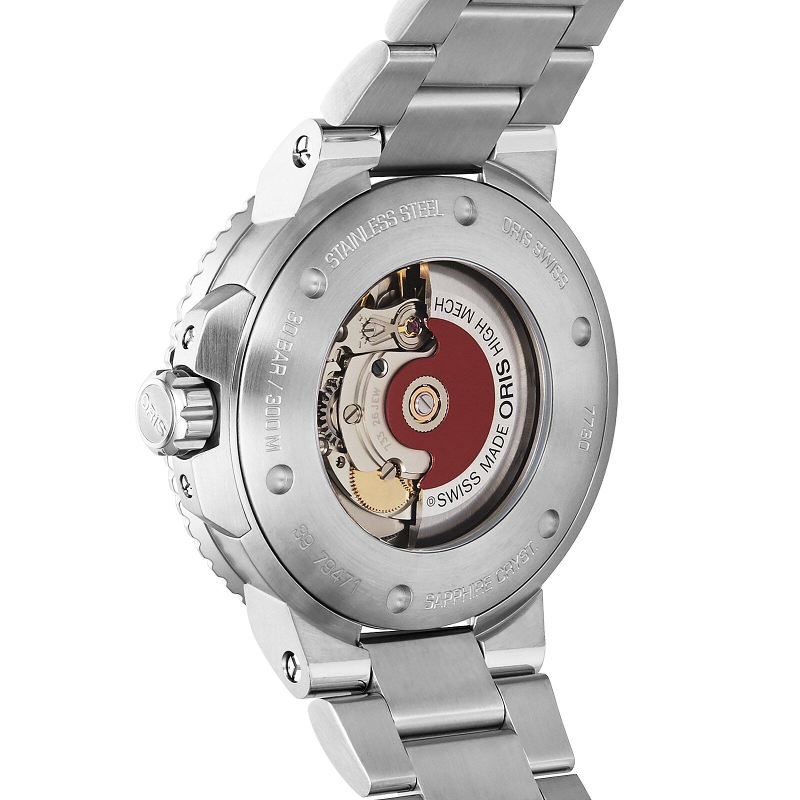 Close-up of the back of an Oris Aquis Date Relief stainless steel watch, highlighting its intricate mechanical movement visible through a transparent caseback.