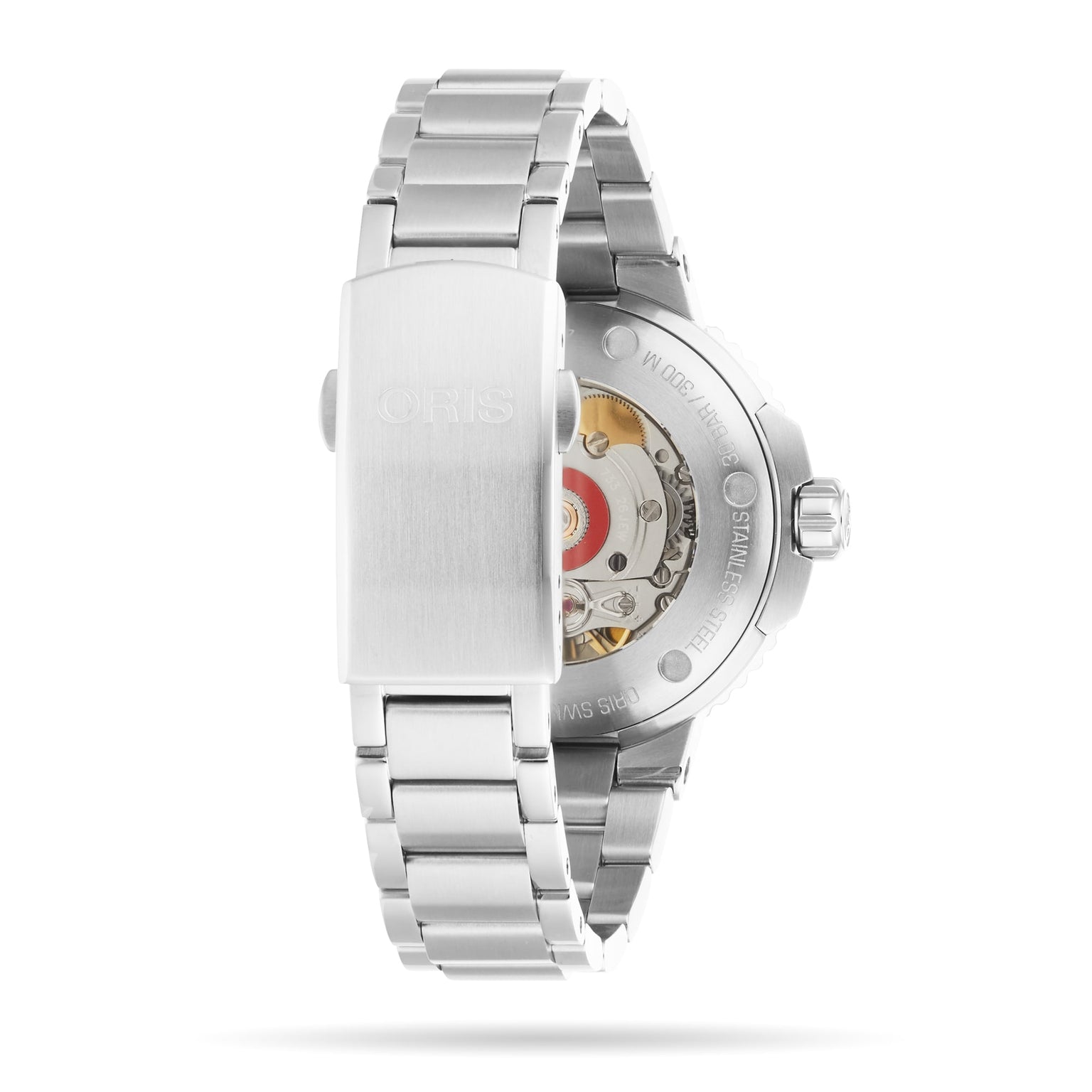 The Oris Aquis Date is a stainless steel wristwatch featuring an exhibition case back that reveals its automatic movement and a branded clasp on the metal bracelet.