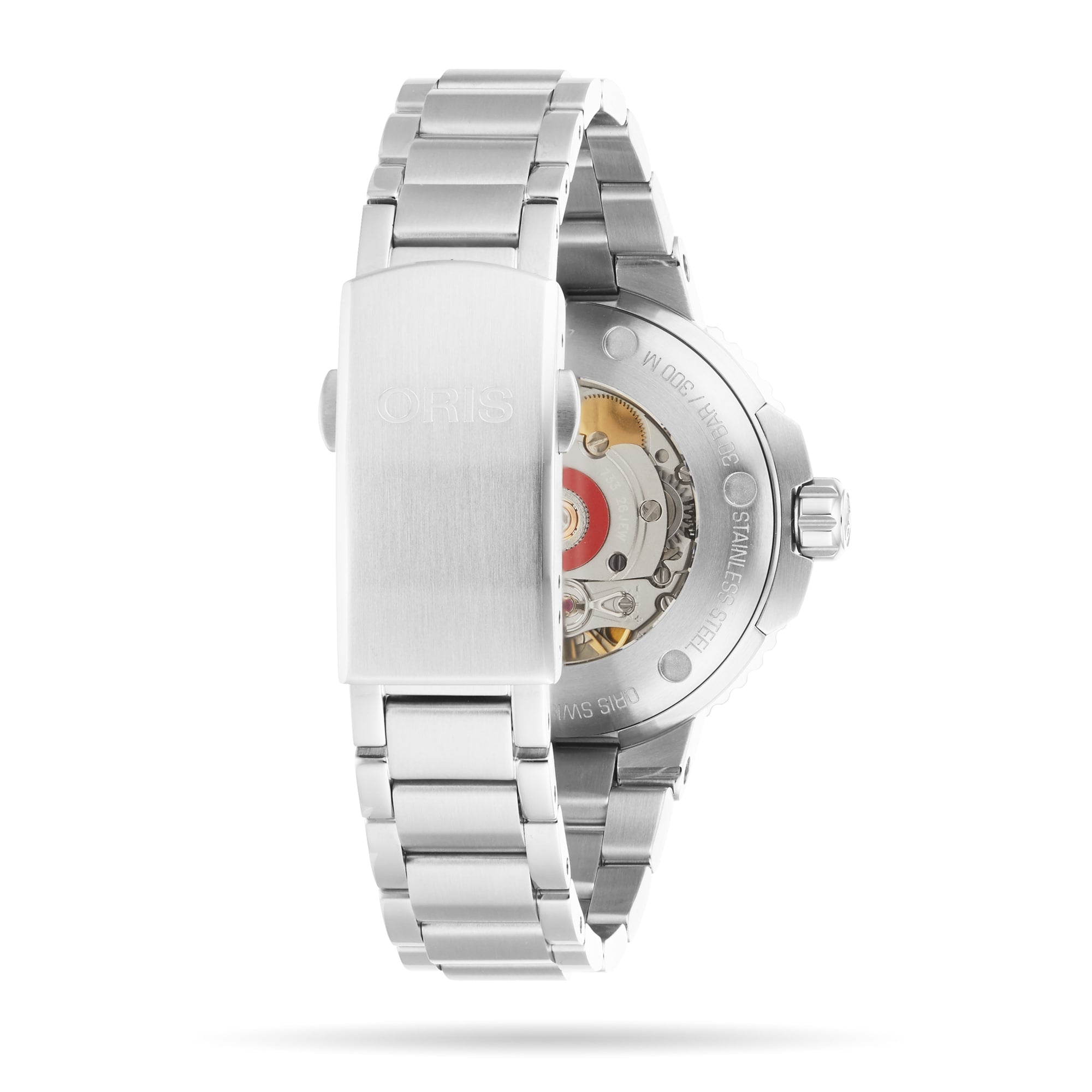 The Oris Aquis Date is a stainless steel wristwatch featuring an exhibition case back that reveals its automatic movement and a branded clasp on the metal bracelet.