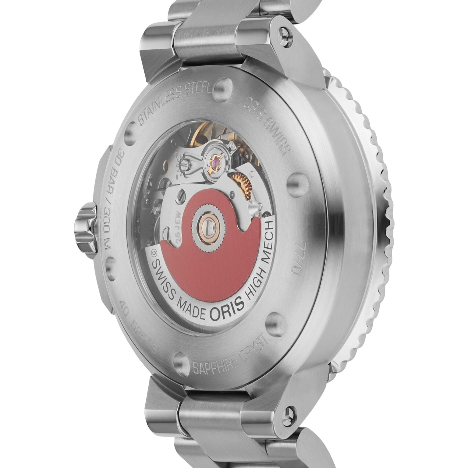 Close-up of the Oris Aquis Date watch’s back, highlighting its mechanical movement and signature red rotor visible through the transparent sapphire case back.