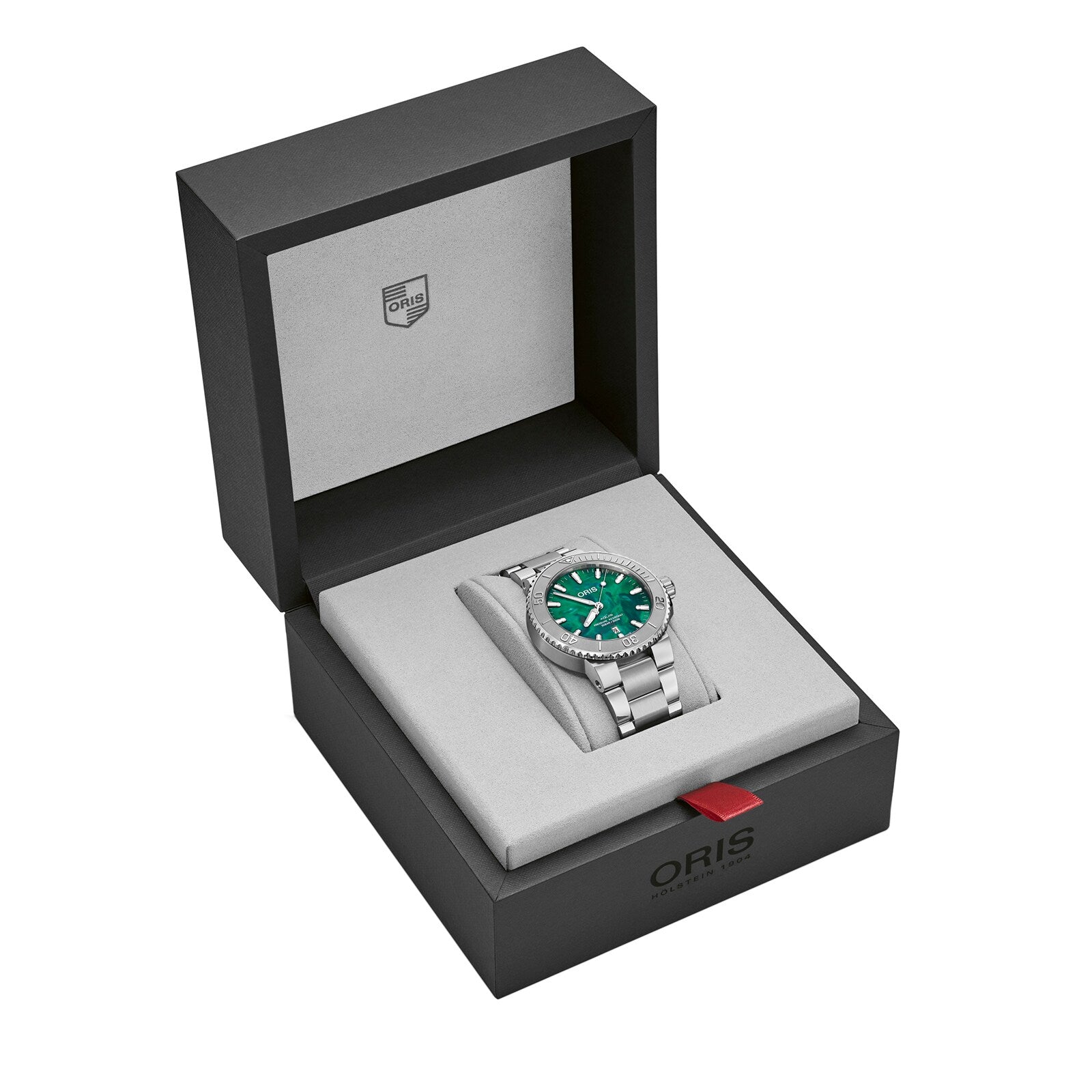 The Oris Aquis Oris X Bracenet wristwatch, featuring a green dial and made from upcycled ghost fishing nets, is presented in an open black Oris box with a gray interior.