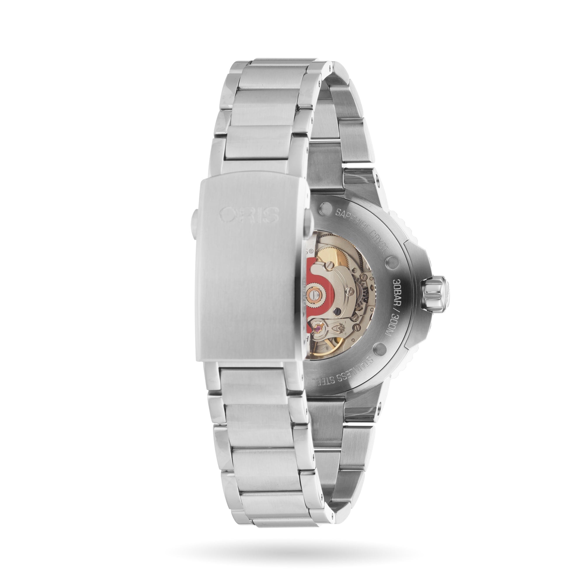 The Oris Aquis Oris X Bracenet is a stainless steel wristwatch with a transparent case back showing its automatic movement, crafted from upcycled ghost fishing nets.