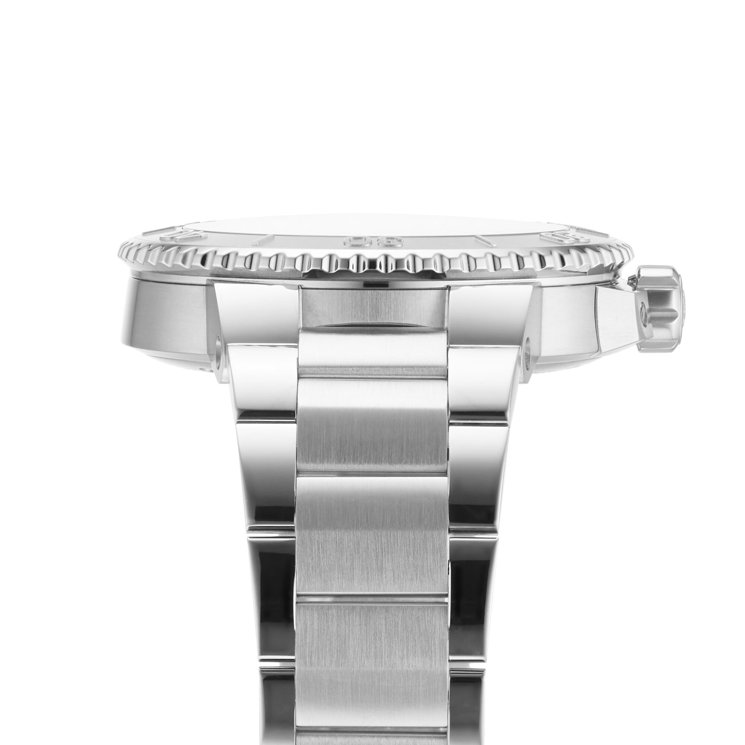 Side view of the Oris Aquis Oris X Bracenet wristwatch, showcasing its metal link band, bezel, crown, and stainless steel case made from upcycled ghost fishing nets.