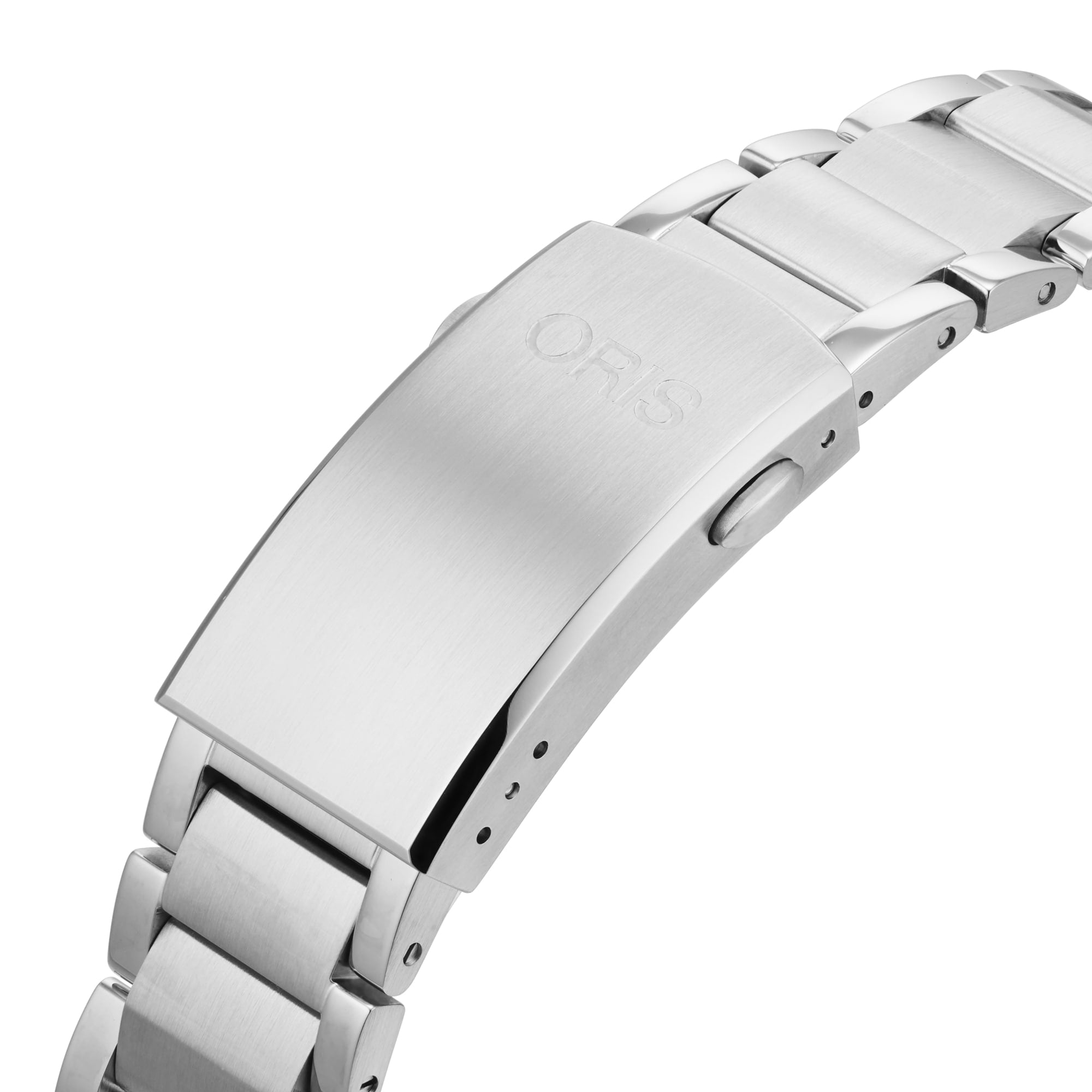 Close-up of the Oris Aquis Oris X Bracenet stainless steel bracelet, with a brushed clasp engraved Oris, push-button release, and links partially crafted from upcycled ghost fishing nets.