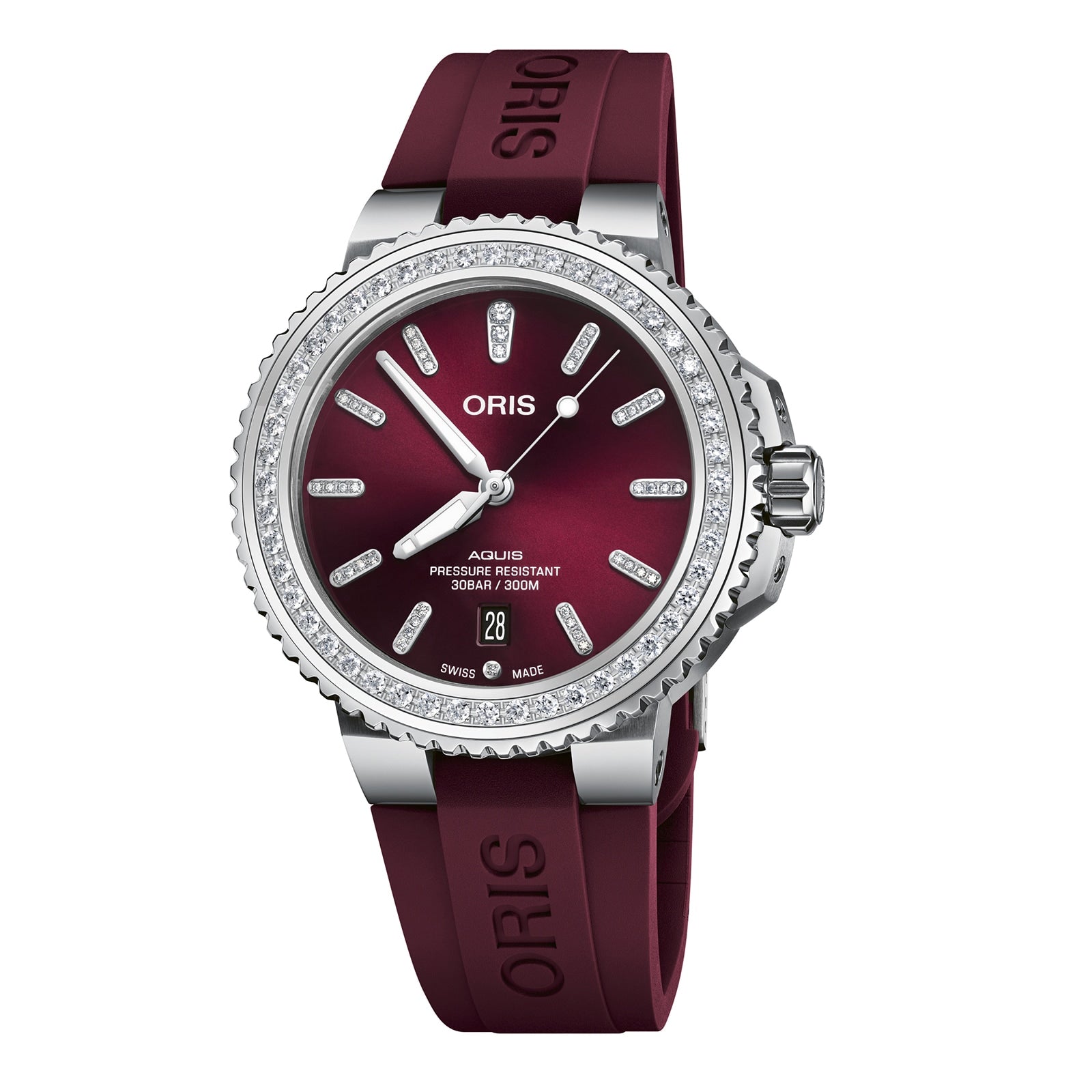 The Oris Aquis Date Diamonds wristwatch features a maroon dial, lab-grown diamond-set bezel, date display at 6 o’clock, and a matching maroon rubber strap.