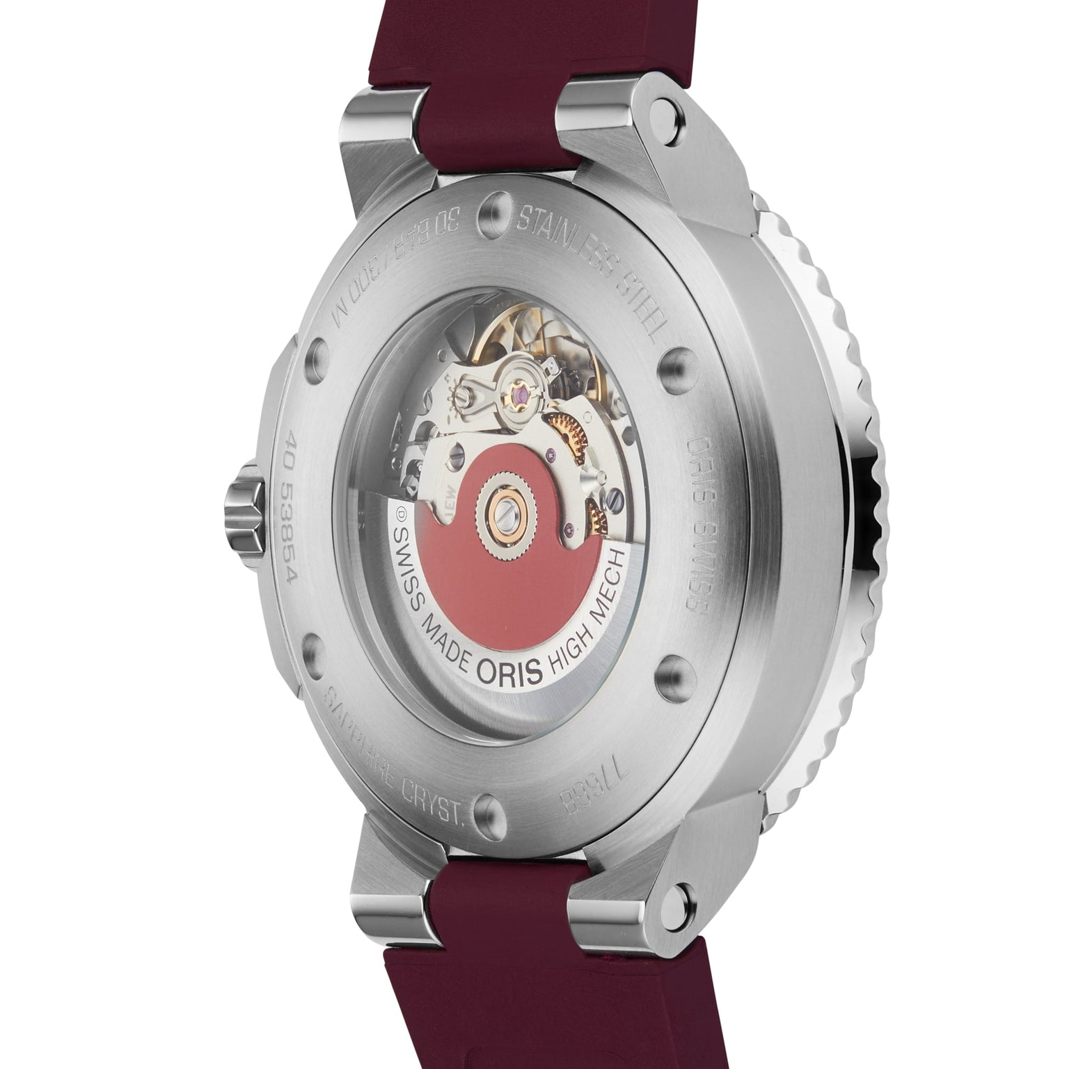 Close-up of the Oris Aquis Date Diamonds’ transparent back, showcasing its mechanical movement and striking red rotor.