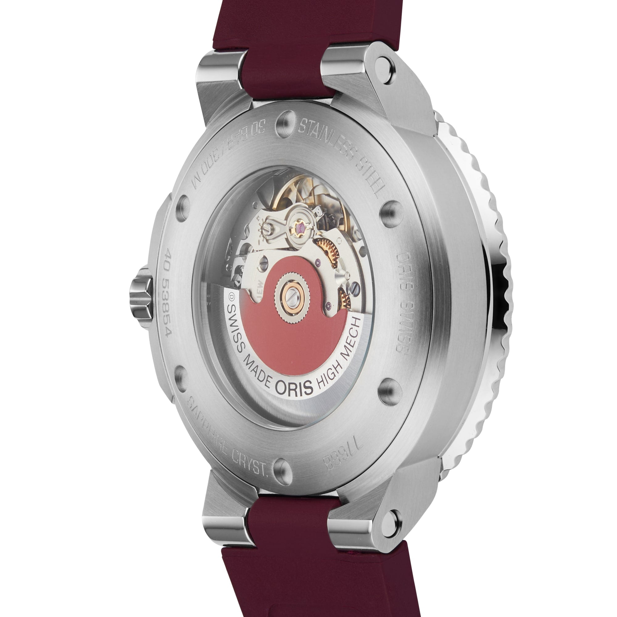 Close-up of the Oris Aquis Date Diamonds’ transparent back, showcasing its mechanical movement and striking red rotor.