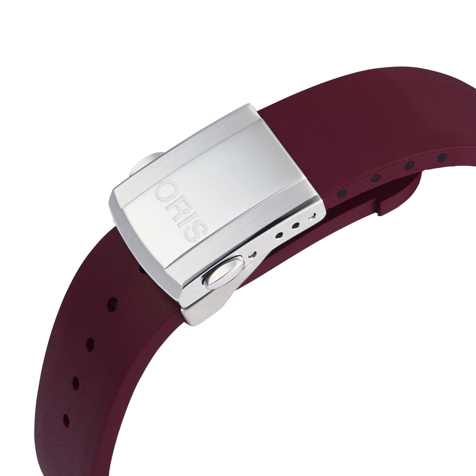 A close-up of a burgundy Oris watch strap with a silver clasp engraved with ORIS, made for the Aquis Date Diamonds collection, shown on a plain white background.