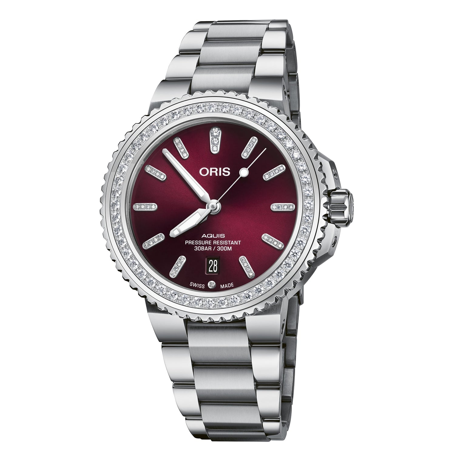 The Oris Aquis Date Diamonds is a silver wristwatch featuring a burgundy dial, diamond hour markers, and a metal bracelet strap.