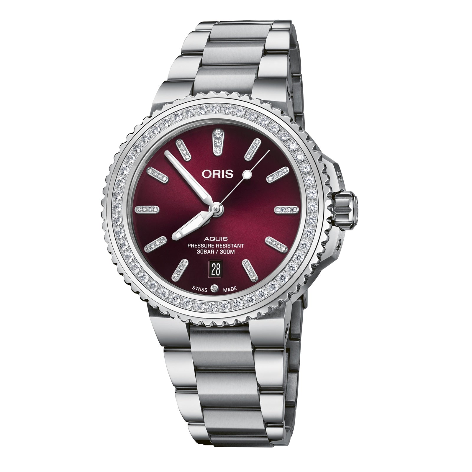 The Oris Aquis Date Diamonds is a silver wristwatch featuring a burgundy dial, diamond hour markers, and a metal bracelet strap.