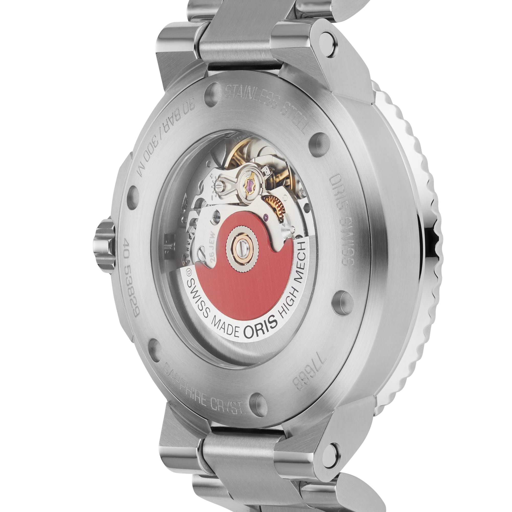 Close-up of the back of the Oris Aquis Date Diamonds wristwatch showing the exposed mechanical movement through a transparent case back.