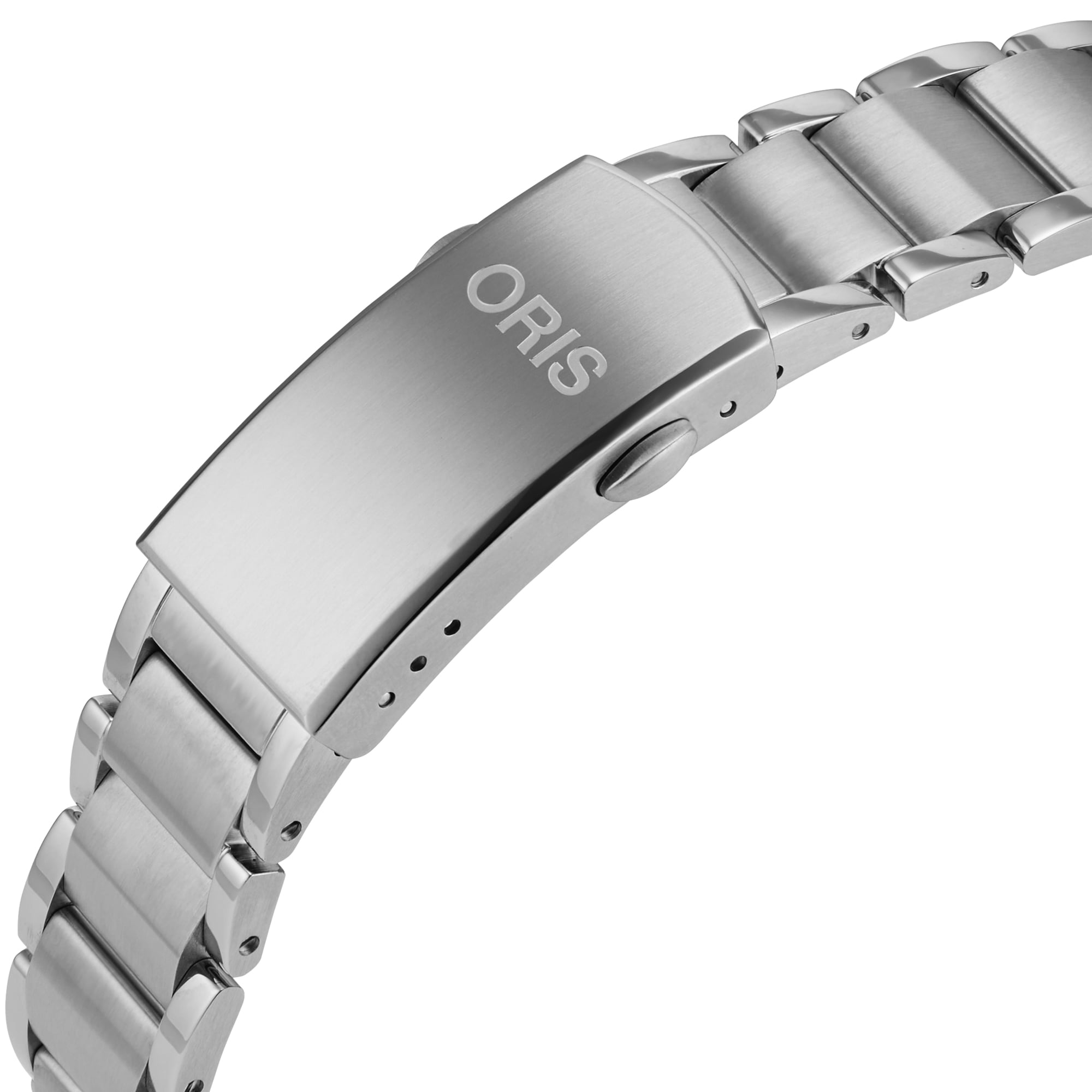 Close-up of a stainless steel watch bracelet with clasp engraved Oris, from the Aquis Date Diamonds collection featuring lab-grown diamonds.
