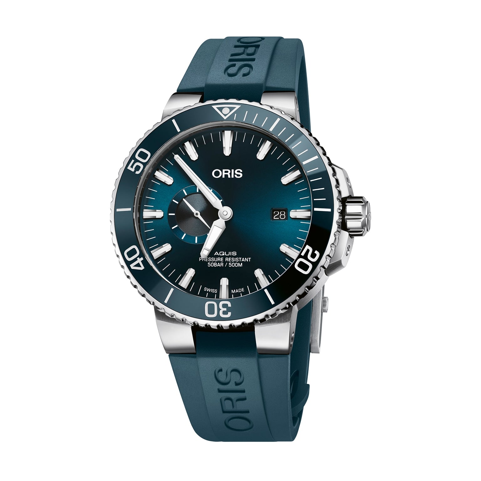 The Oris Aquis Small Second Date is a blue divers watch with a stainless steel case, teal rubber strap, and a blue gradient dial with Super-LumiNova hands. It displays the time at 10:09 and the date at 3 o’clock.