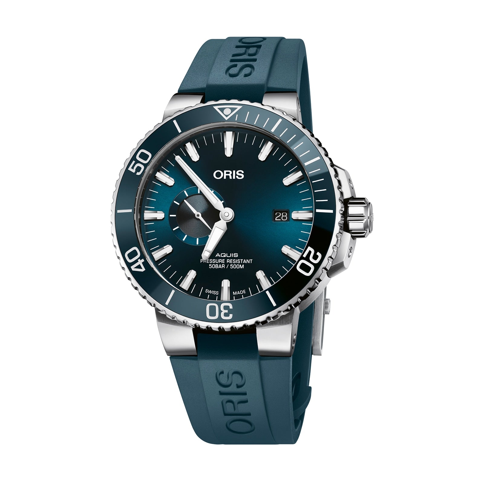 The Oris Aquis Small Second Date is a blue divers watch with a stainless steel case, teal rubber strap, and a blue gradient dial with Super-LumiNova hands. It displays the time at 10:09 and the date at 3 o’clock.