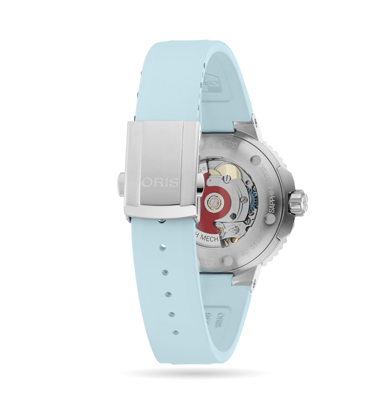 Back view of the Oris Aquis Date showing a light blue strap, silver buckle, and visible mechanical movement through its transparent case back, underlining the diver’s watch’s high-performance design.