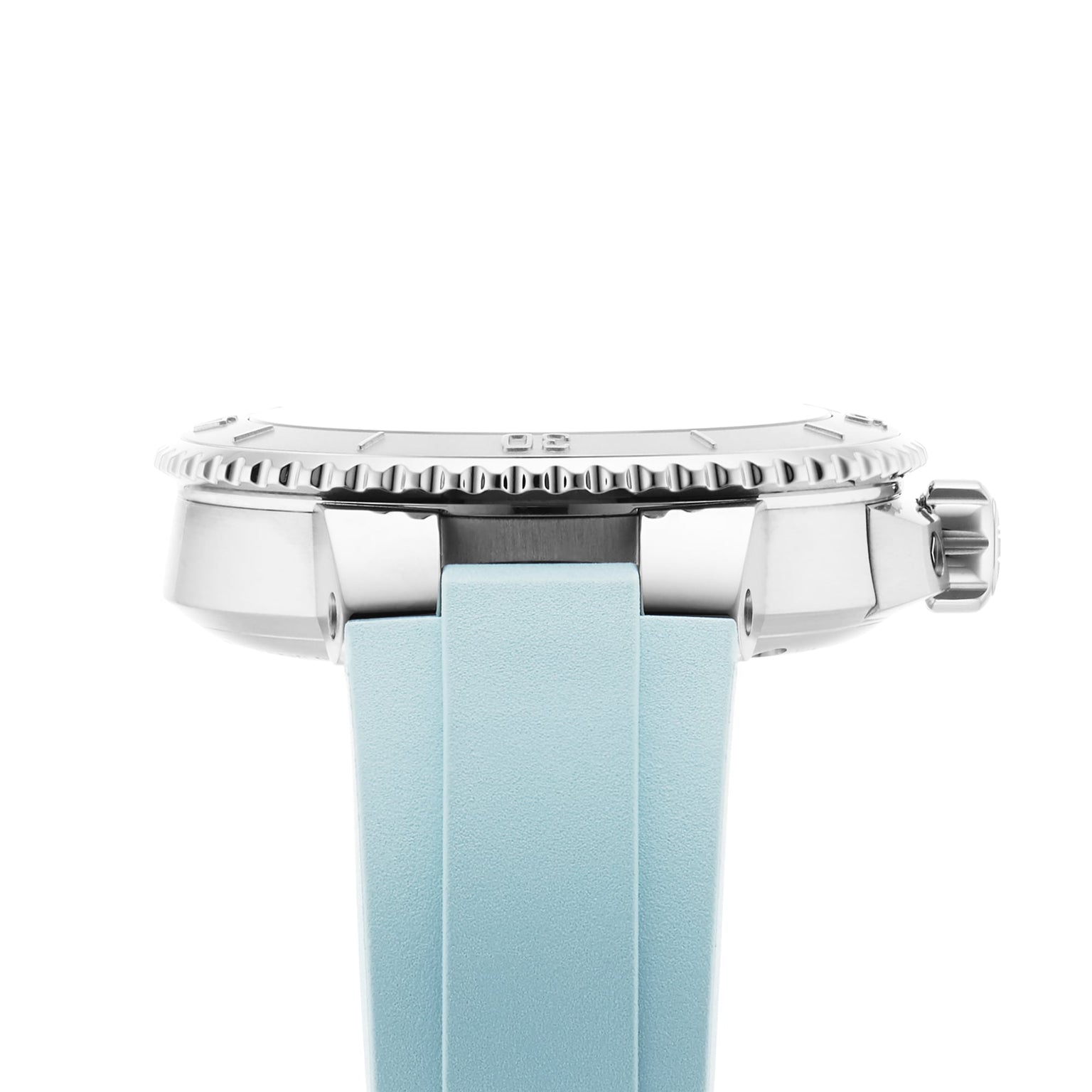Side view of the Oris Aquis Date diver’s watch featuring a silver bezel and crown, paired with a light blue strap, highlighting its high-performance profile against a white background.