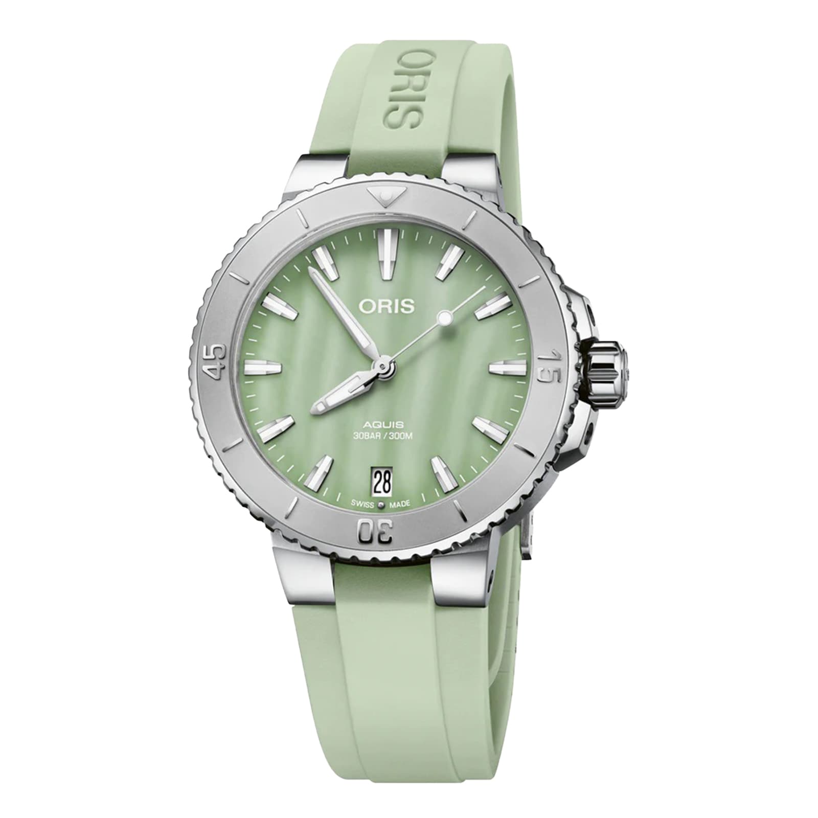 The Oris Aquis Date is a stainless steel diver’s watch with a light green dial, matching rubber strap, date display, and unidirectional bezel.