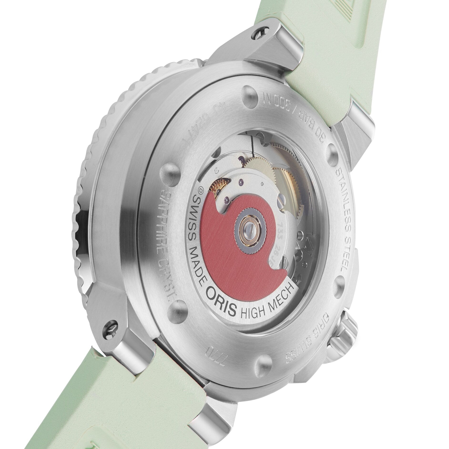 Close-up of the Oris Aquis Date diver’s watch featuring a mechanical movement visible through the see-through case back and fitted with a green strap.