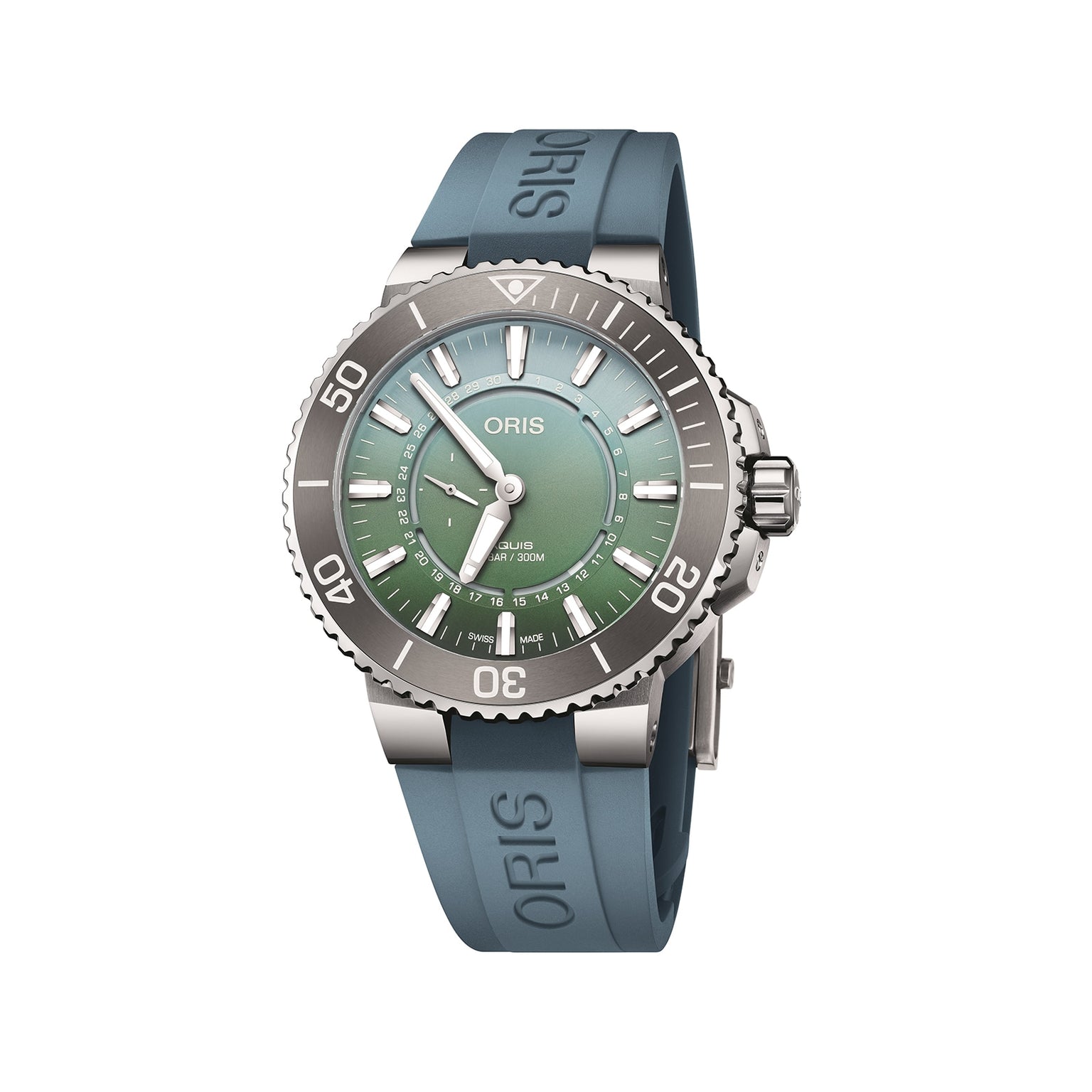 The Oris Dat Watt Limited Edition II features a green dial, silver bezel, and blue rubber strap, inspired by the Wadden Sea. Water resistant to 300m, it’s a tribute to conservation and displays the time at 10:10.