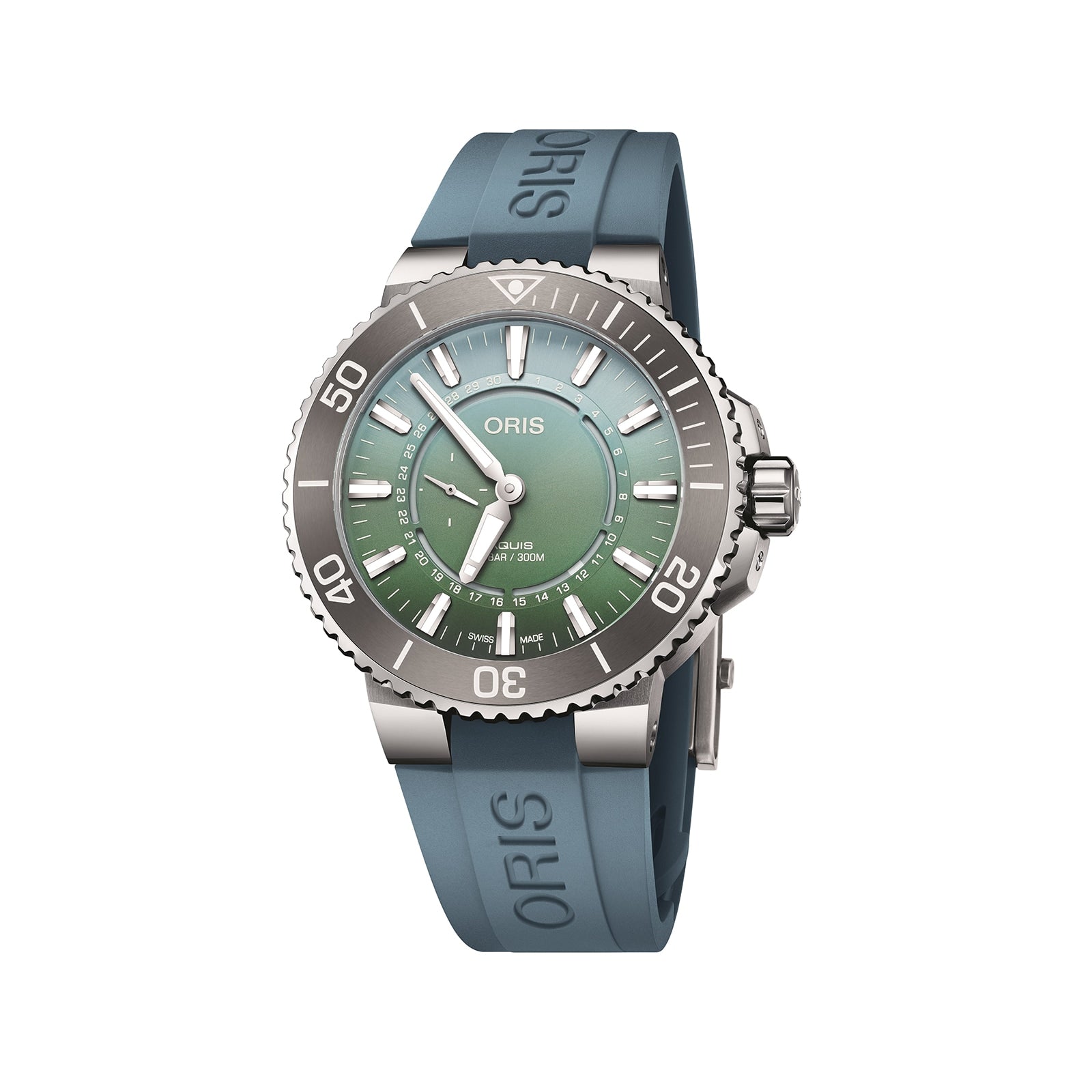 The Oris Dat Watt Limited Edition II features a green dial, silver bezel, and blue rubber strap, inspired by the Wadden Sea. Water resistant to 300m, it’s a tribute to conservation and displays the time at 10:10.