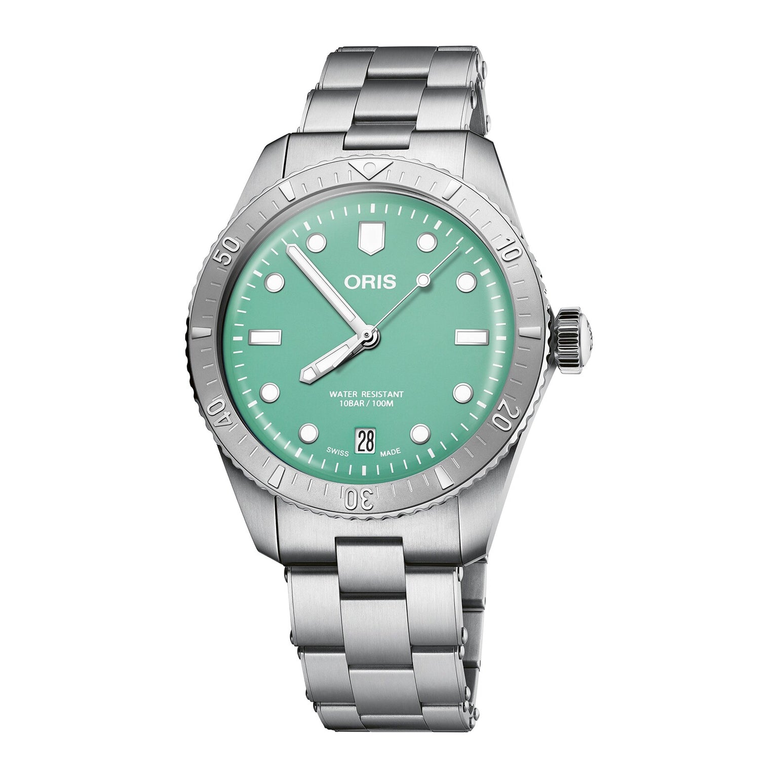 The Oris Divers Sixty‑Five Cotton Candy wristwatch features a mint green dial, date window at 6 oclock, and silver metal band.