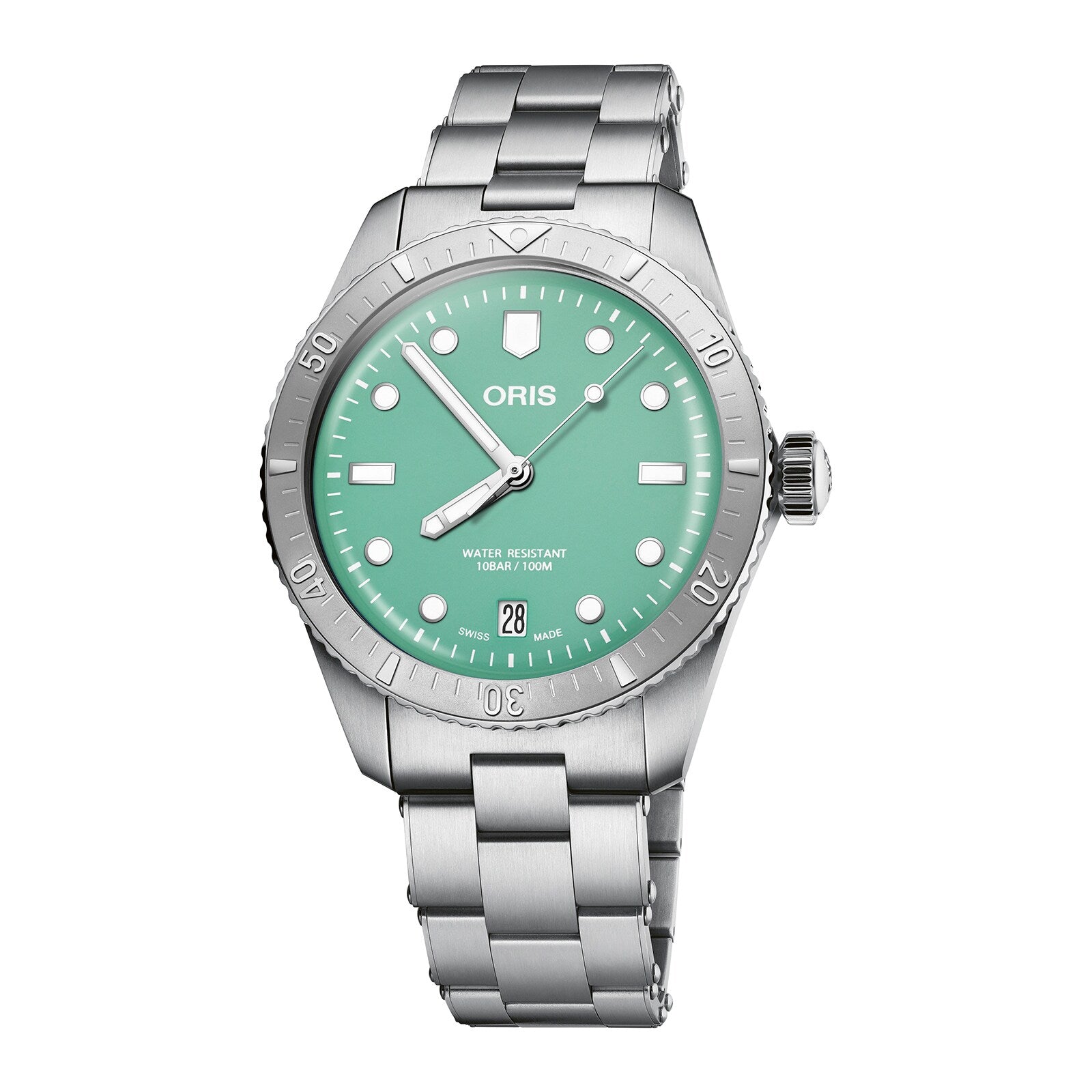 The Oris Divers Sixty‑Five Cotton Candy wristwatch features a mint green dial, date window at 6 oclock, and silver metal band.