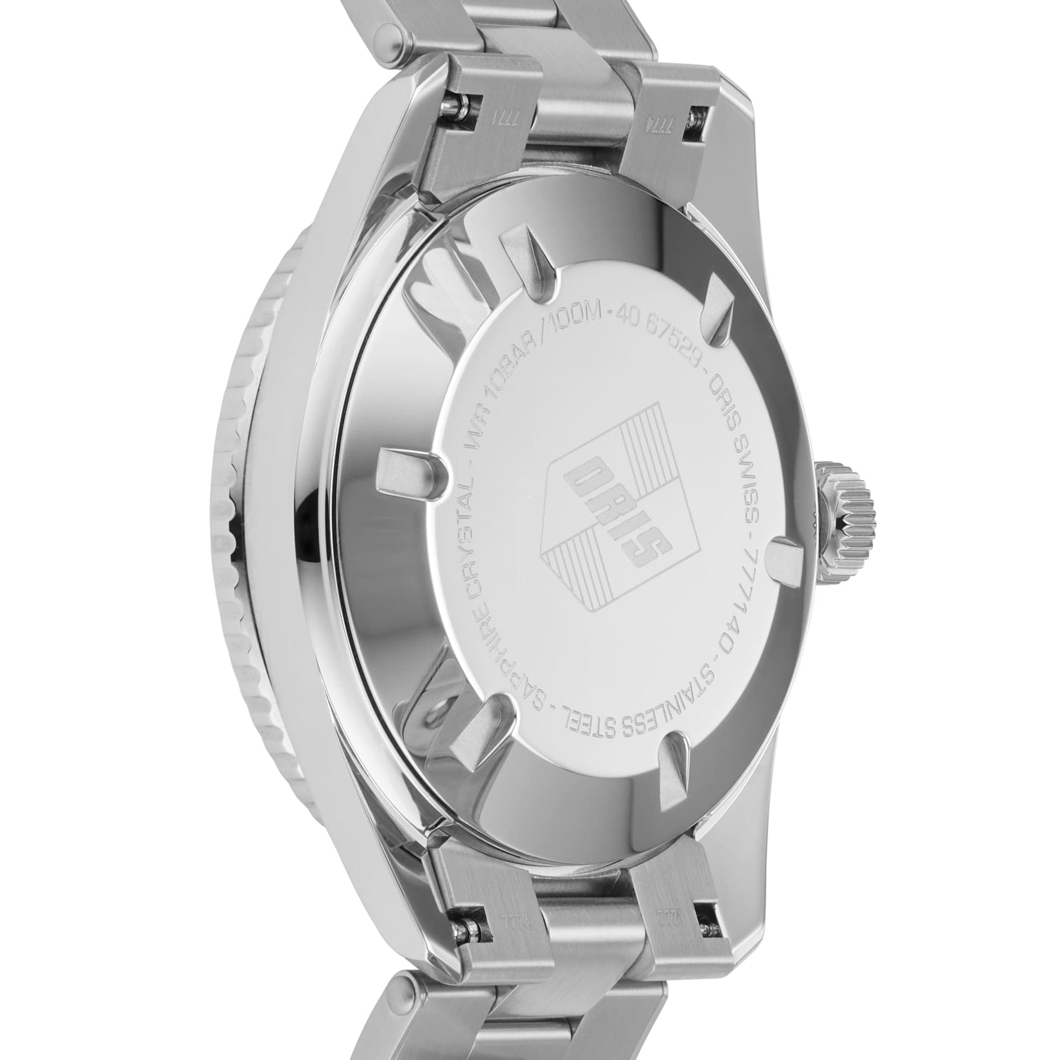 Close-up of the back of an Oris Divers Sixty‑Five Cotton Candy wristwatch, featuring engraved details and a stainless steel bracelet.