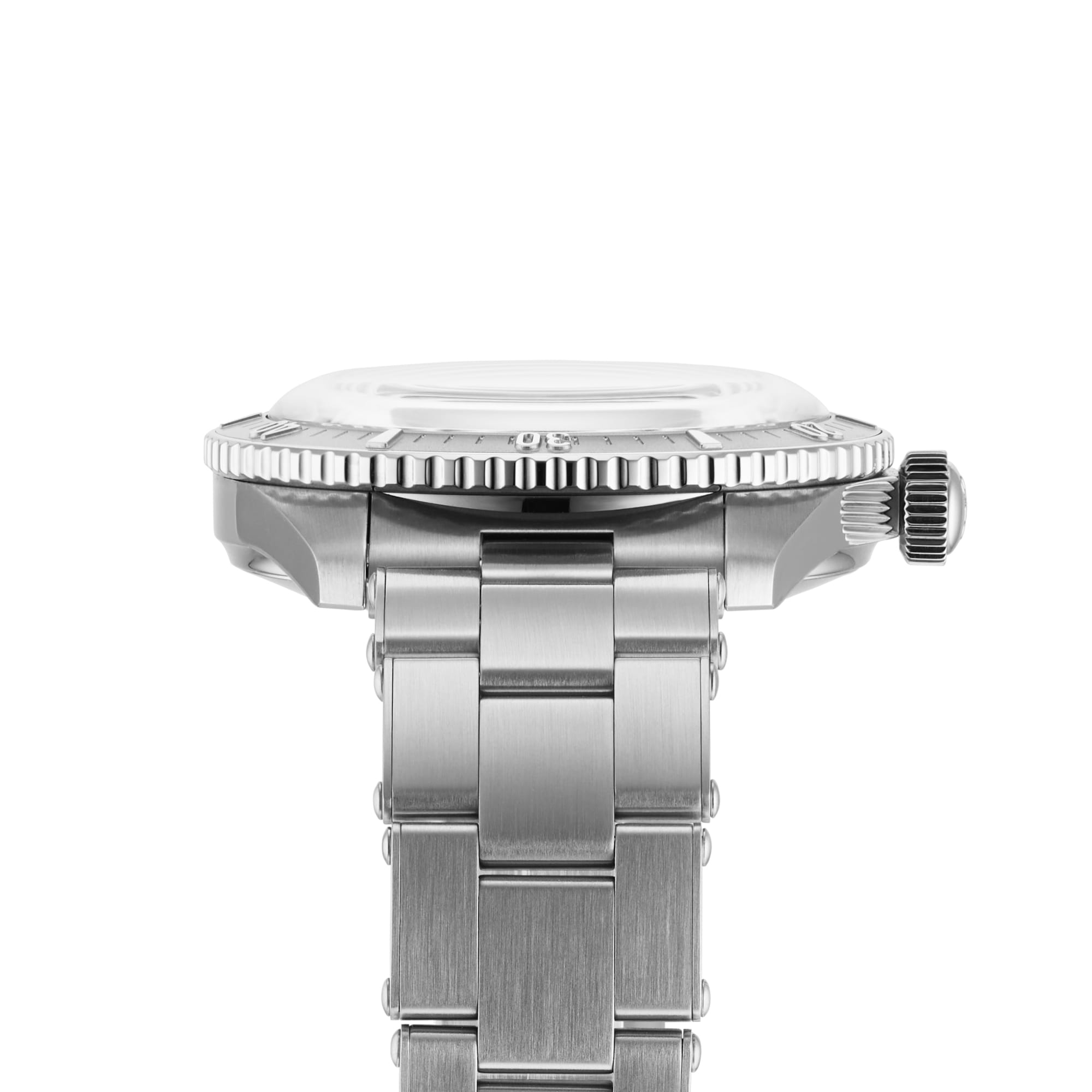 Side view of the Oris Divers Sixty‑Five Cotton Candy wristwatch, featuring a stainless steel case, ridged bezel, and metal band.