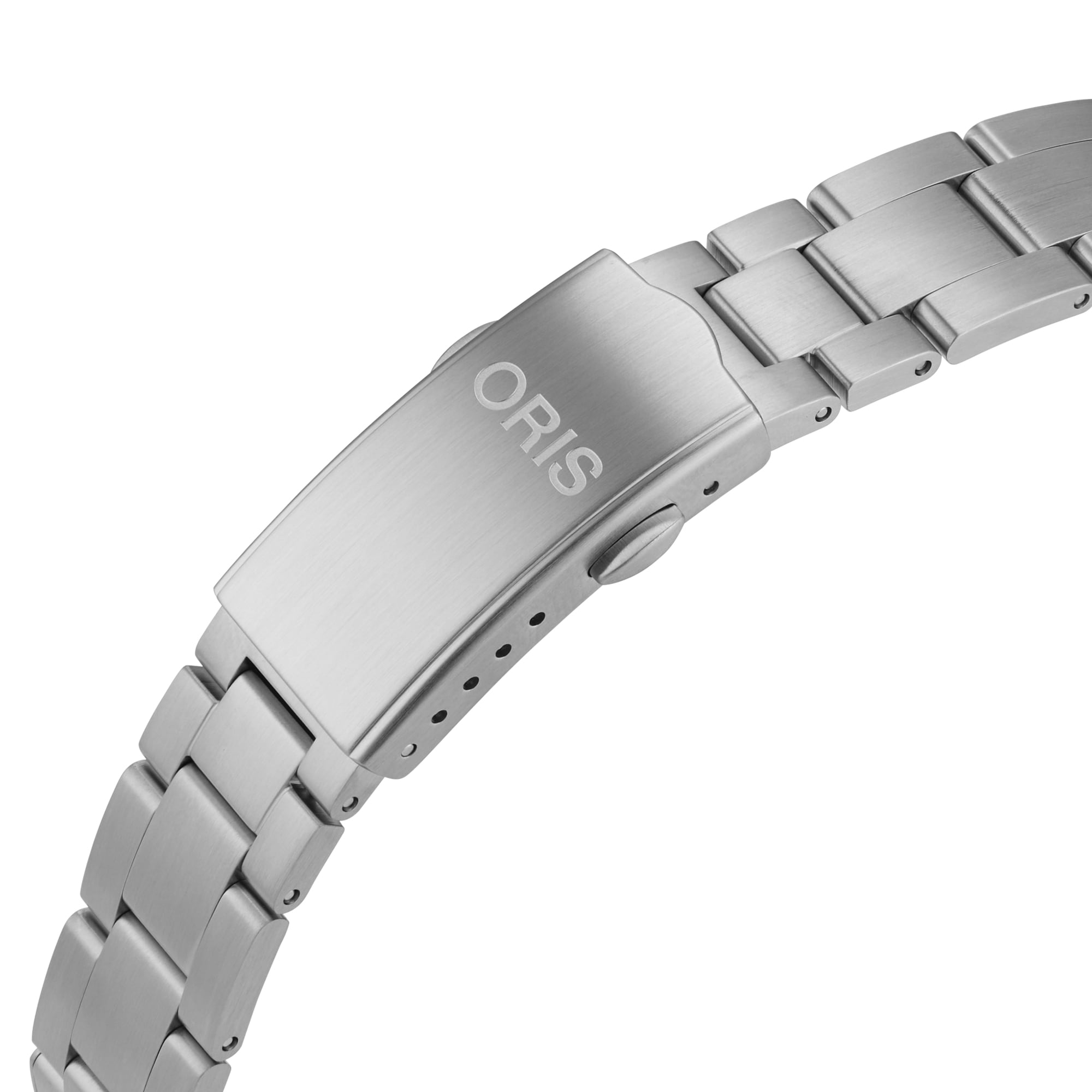 Close-up of the brushed metal clasp on the stainless steel bracelet of the Oris Divers Sixty‑Five Cotton Candy watch.