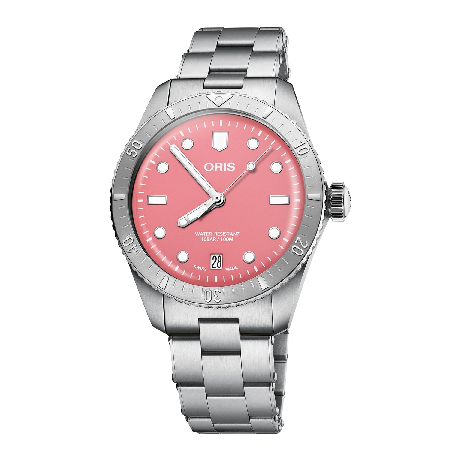 The Oris Divers Sixty‑Five Cotton Candy is a silver stainless steel wristwatch with a pink dial and white hour markers.