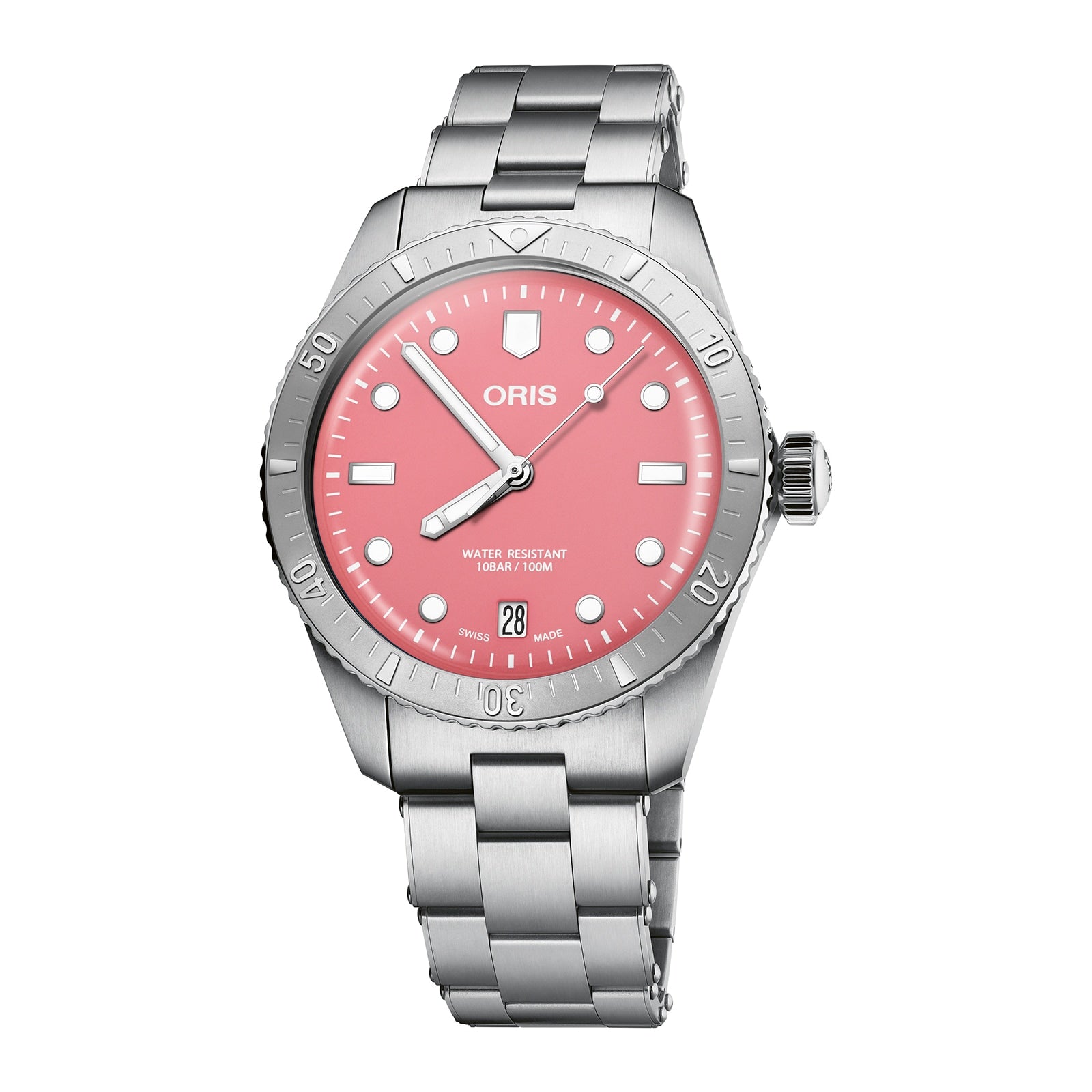 The Oris Divers Sixty‑Five Cotton Candy is a silver stainless steel wristwatch with a pink dial and white hour markers.