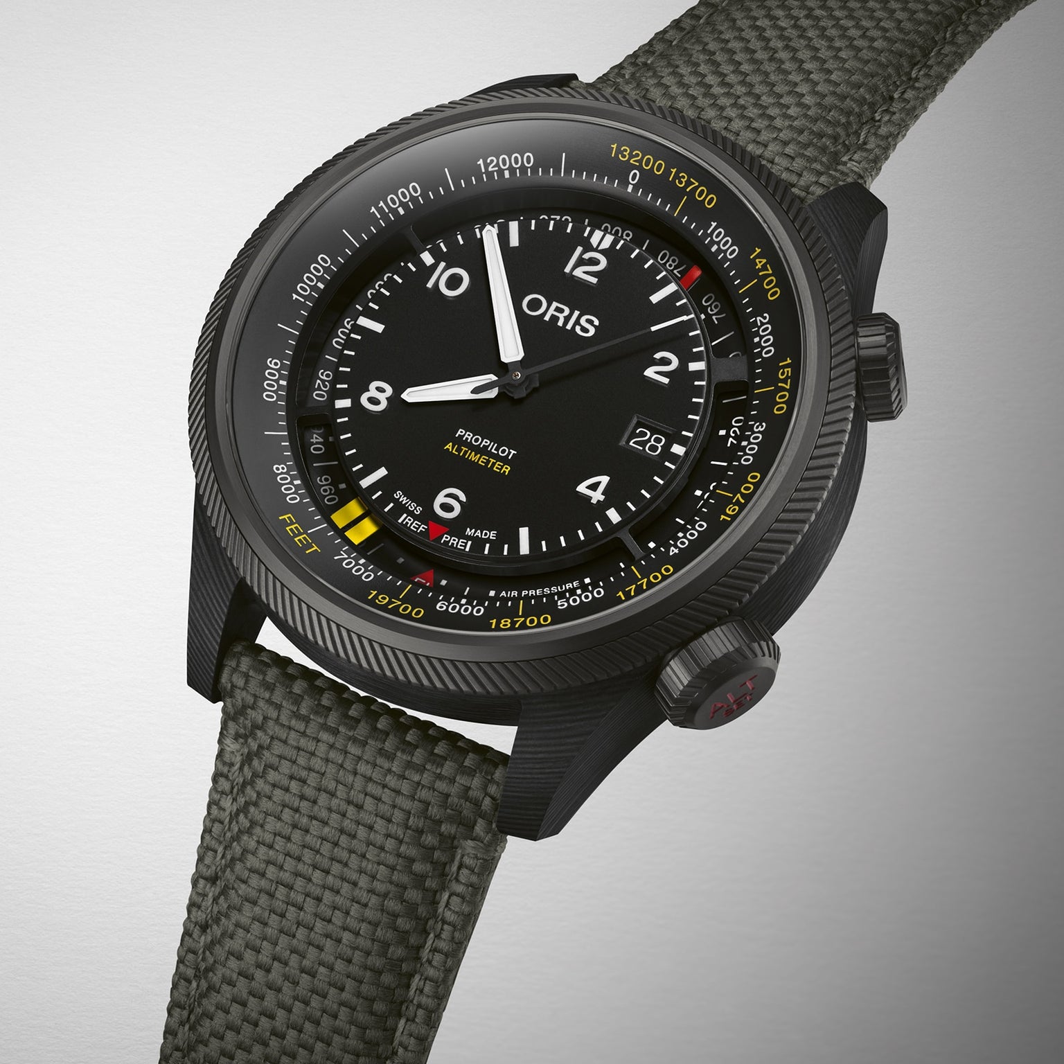 Close-up of the Oris ProPilot Altimeter, showcasing its black dial, precise altimeter module with multiple measurement scales, and olive green textile strap—powered by calibre 793.