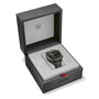 An Oris ProPilot Altimeter wristwatch with a fabric strap and advanced altimeter module, featuring calibre 793, shown in an open grey Oris-branded watch box.
