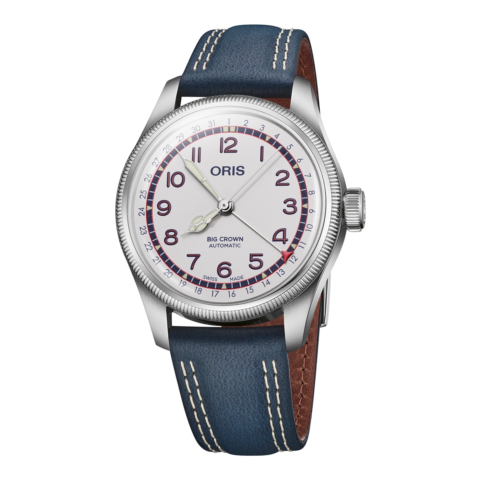 The Oris Big Crown Hank Aaron Limited Edition features a stainless steel case, white dial with Arabic numerals, blue hands, and a blue leather strap with white stitching.