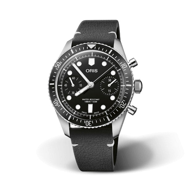 An Oris Divers Sixty‑Five Chronograph, featuring a black and silver design, multiple dials, and a black leather strap.