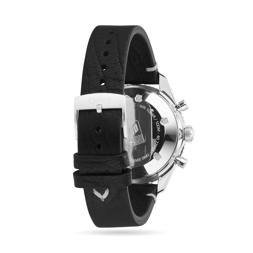 Back view of the Oris Divers Sixty‑Five Chronograph featuring a black leather strap, silver buckle, and a visible stainless steel case back.