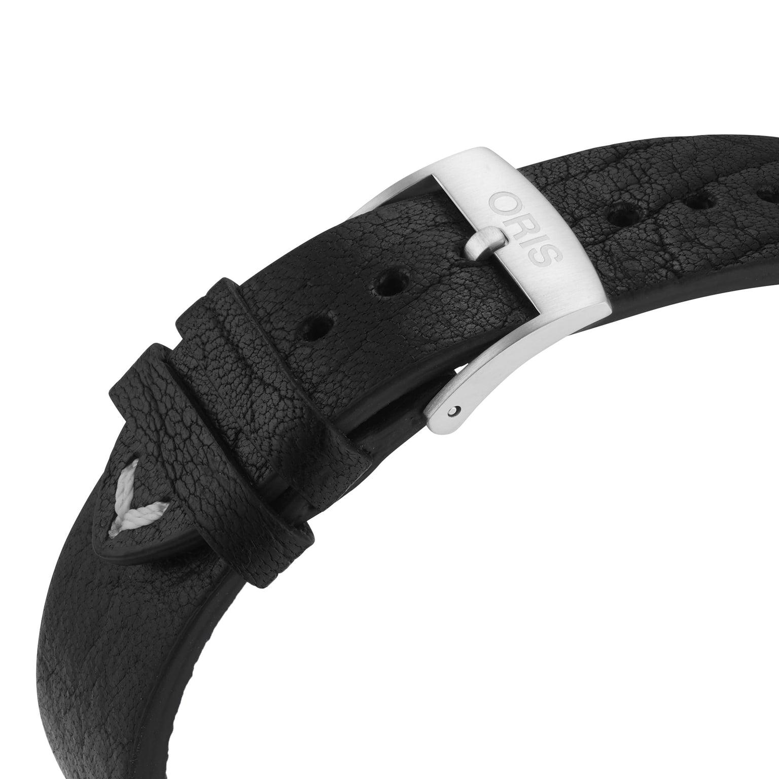 The Oris Divers Sixty‑Five Chronograph features a black leather strap with a silver ORIS-engraved buckle, displayed on a white background.