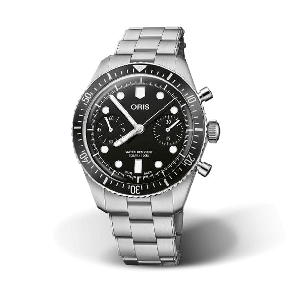 An Oris Divers Sixty‑Five Chronograph wristwatch featuring a black dial, stainless steel case, and silver metal bracelet.
