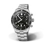 An Oris Divers Sixty‑Five Chronograph wristwatch featuring a black dial, stainless steel case, and silver metal bracelet.