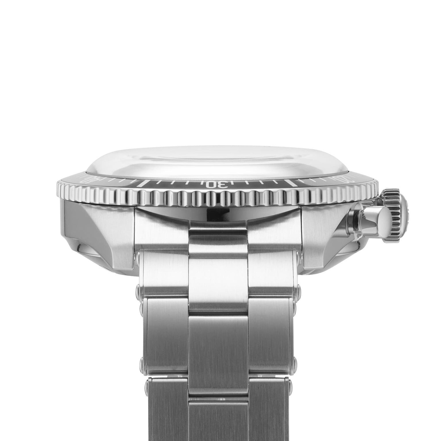 Side view of the Oris Divers Sixty‑Five Chronograph, highlighting its stainless steel bezel, crown, and metal bracelet.