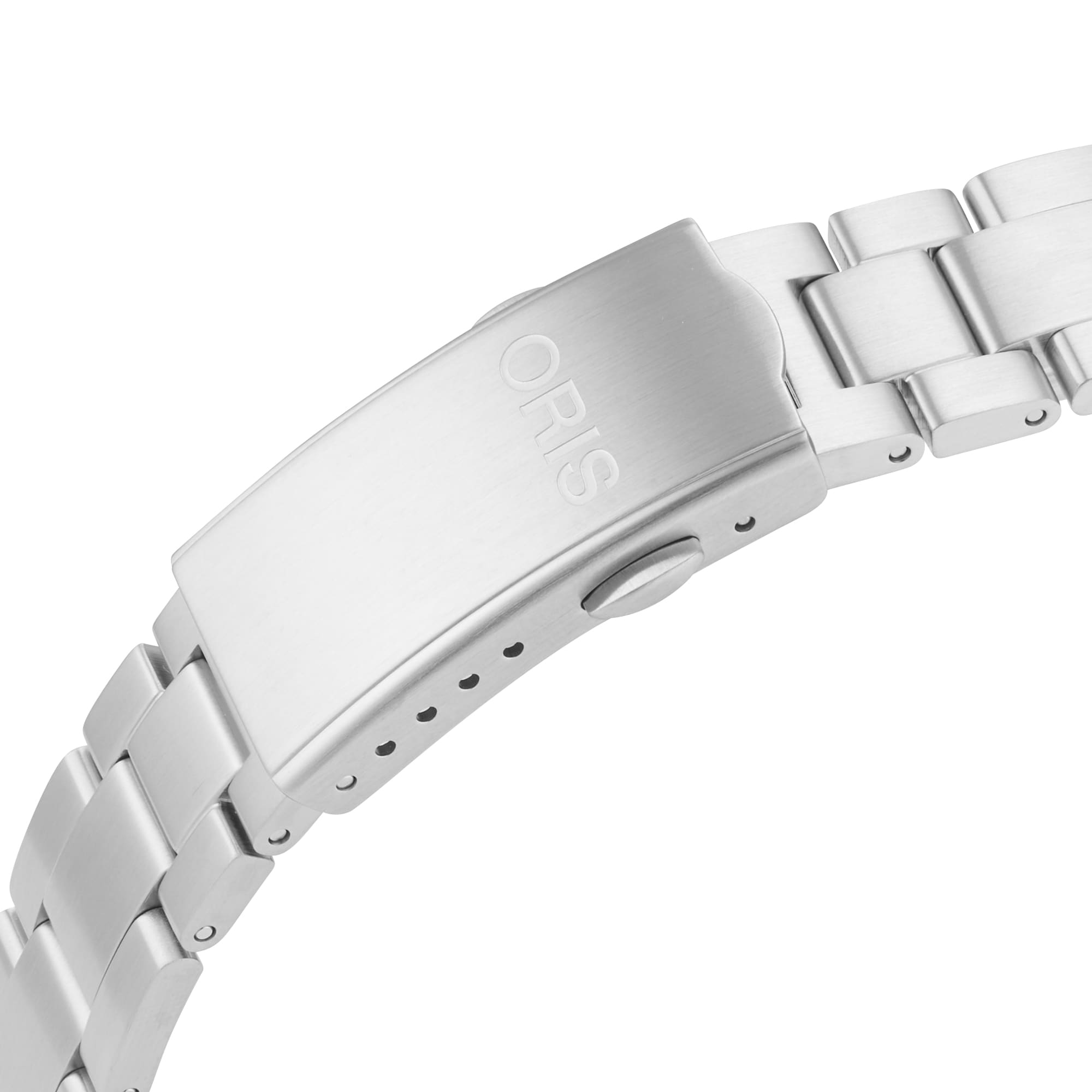 Close-up of a stainless steel bracelet and clasp with the Oris logo on the Divers Sixty‑Five Chronograph by Oris.