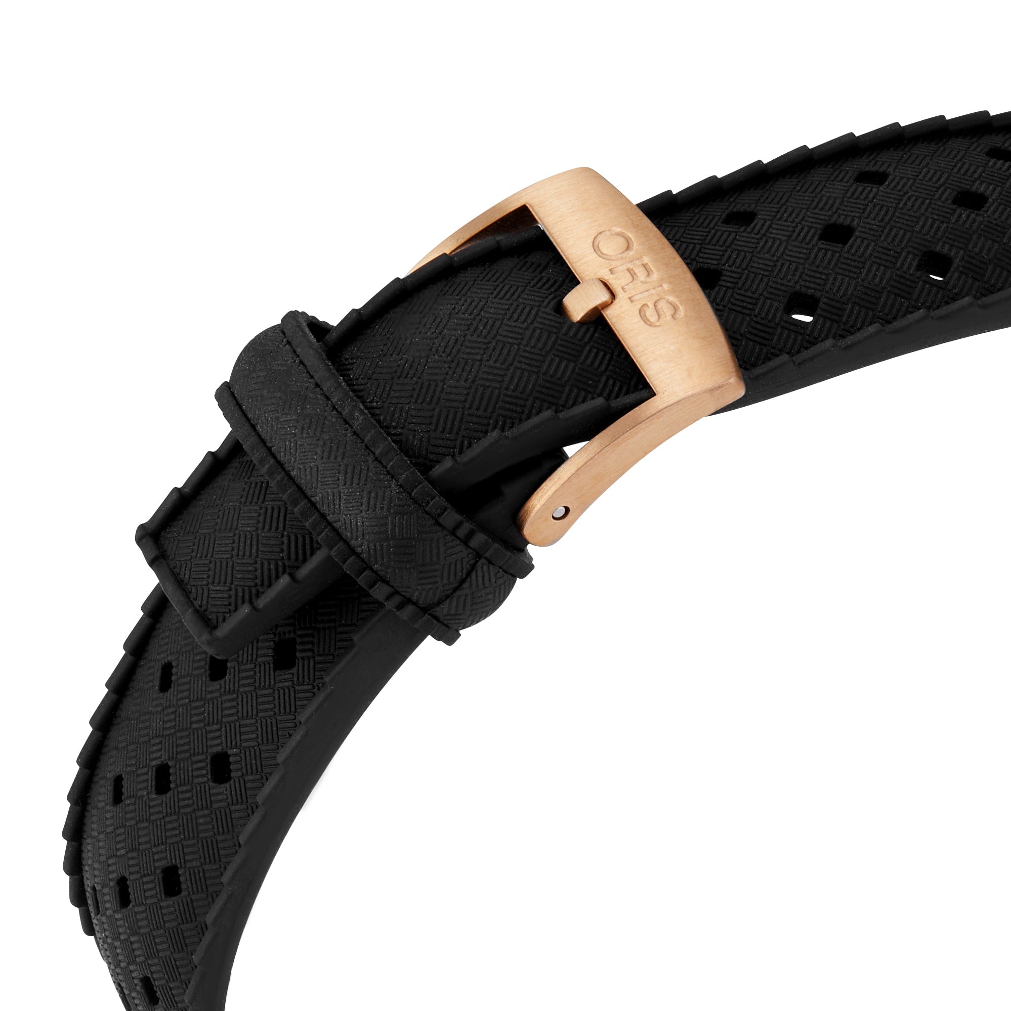 Black textured watch strap with a gold Oris buckle, designed for the Oris Divers Sixty‑Five Date, shown against a white background.