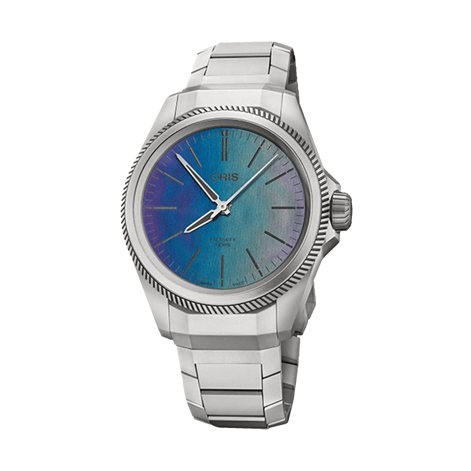 The Oris ProPilot X Calibre 400 Laser is a stainless steel wristwatch featuring a blue-green gradient dial and a metal link bracelet.