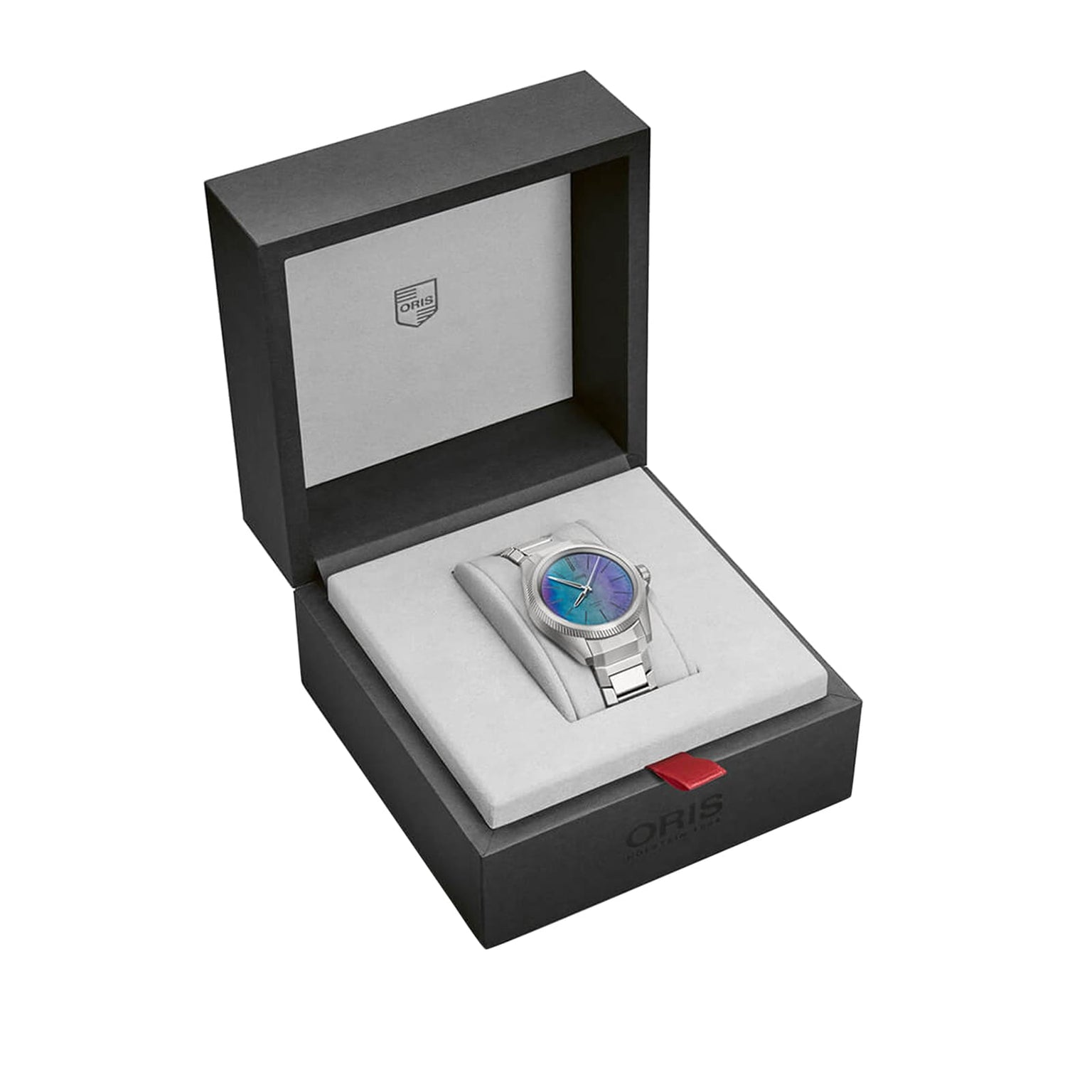 The Oris ProPilot X Calibre 400 Laser, featuring a blue-green dial and powered by the Calibre 400 movement, is shown in an open, cushioned Oris watch box.