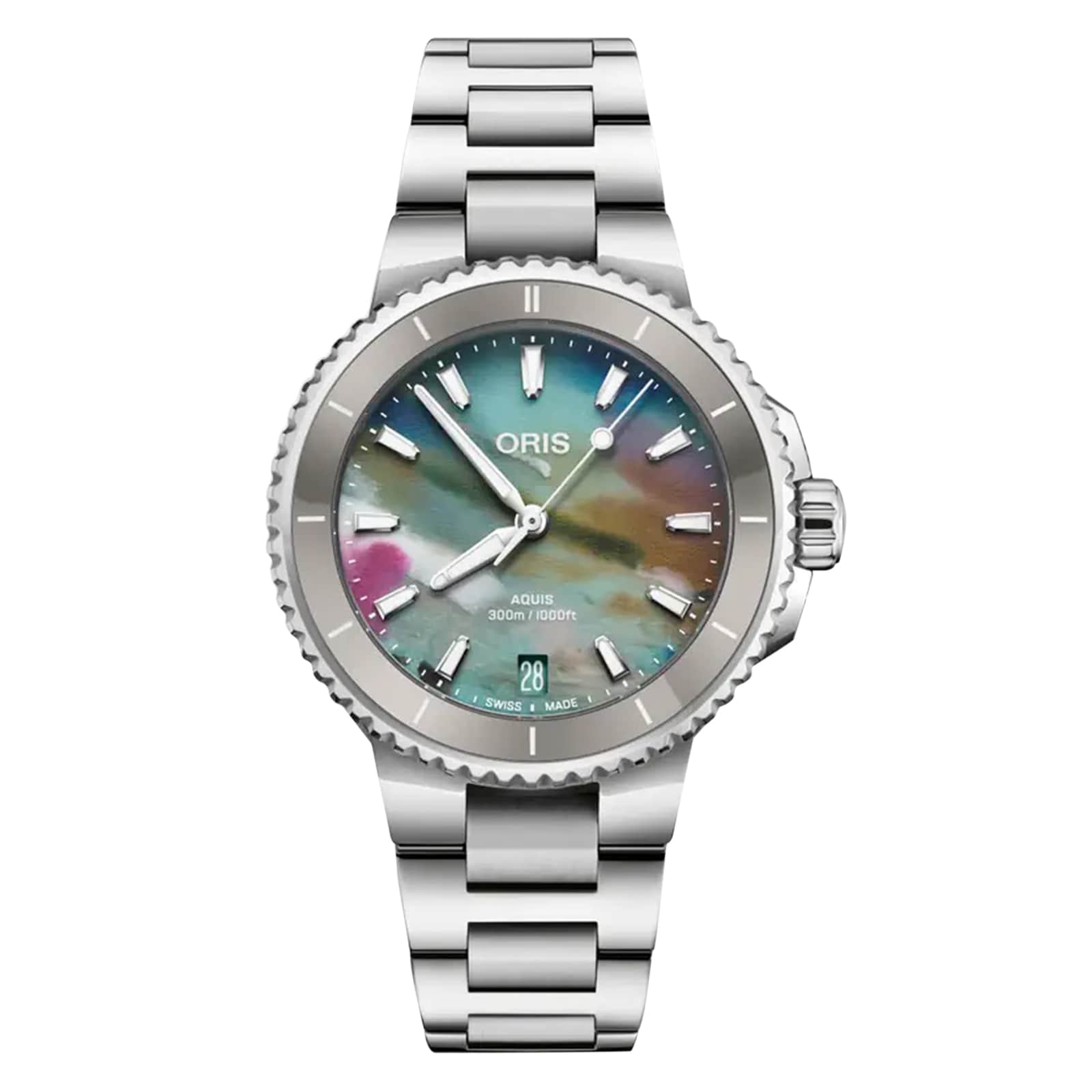 The Oris Aquis Date Upcycle features a stainless steel case, a multicolored mother-of-pearl dial, date display at 6 o’clock, and a metal bracelet—showcasing elegant sustainable luxury.