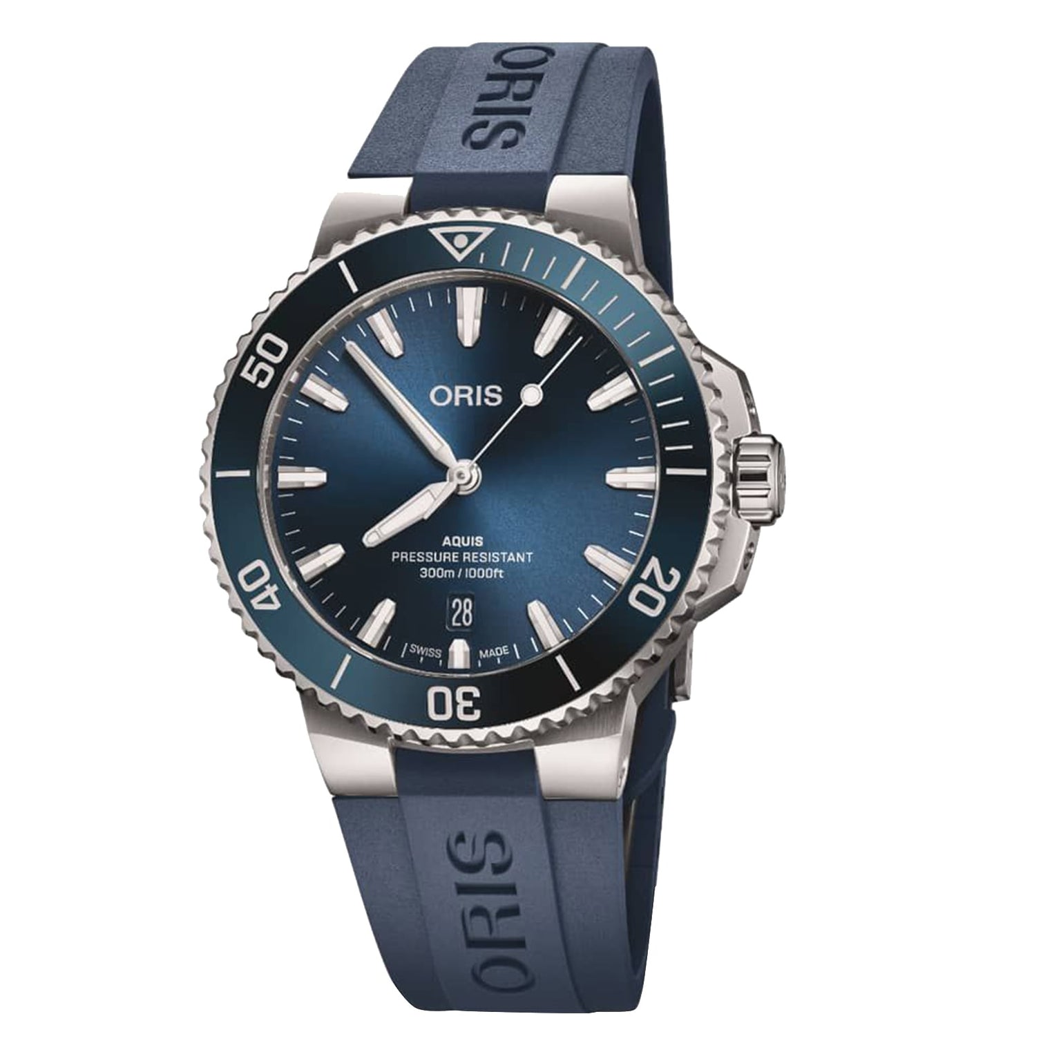 The Oris Aquis Date is a blue dive watch featuring a stainless steel case, blue rubber strap, ceramic minutes scale bezel, date at 6 o’clock, and 300m water resistance.