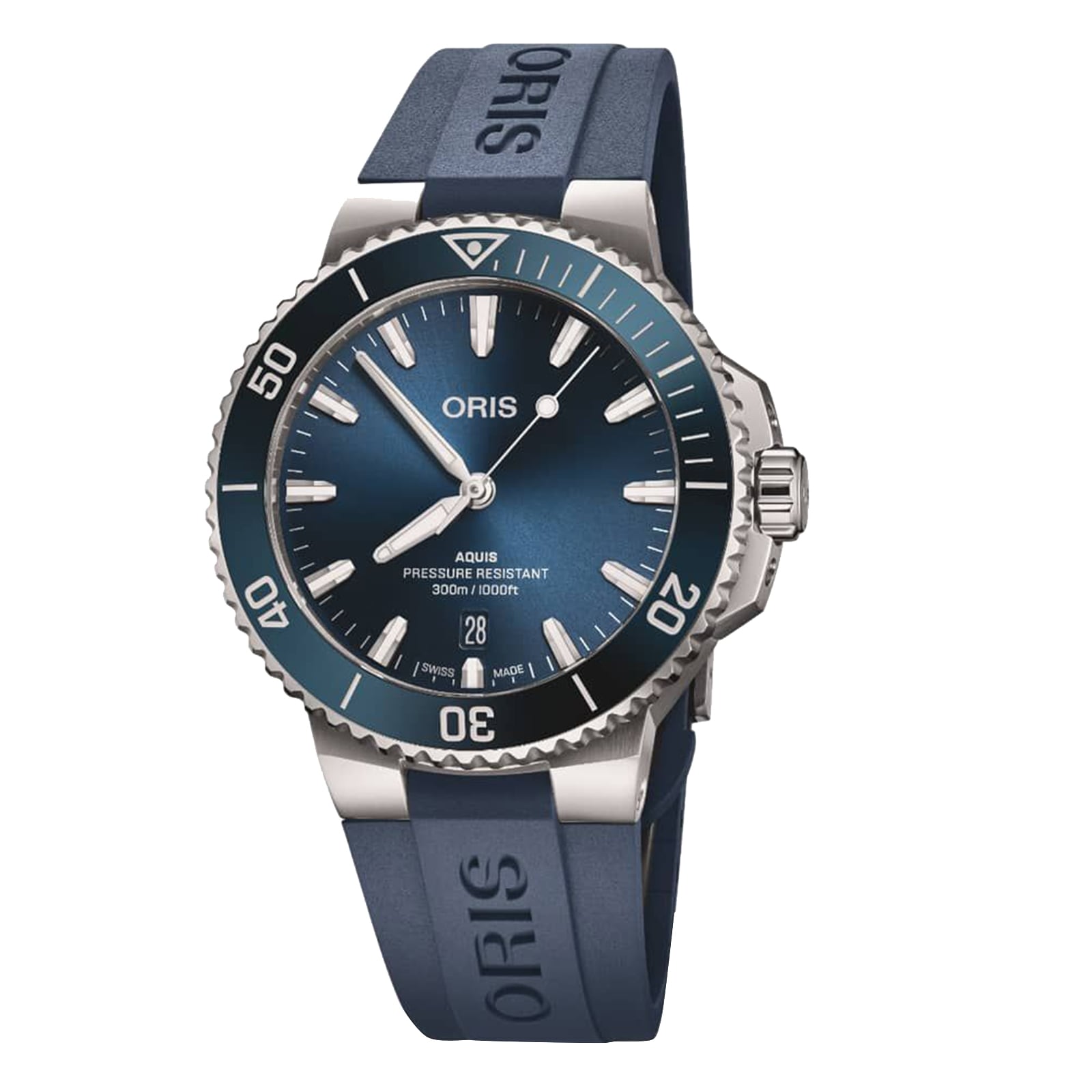The Oris Aquis Date is a blue dive watch featuring a stainless steel case, blue rubber strap, ceramic minutes scale bezel, date at 6 o’clock, and 300m water resistance.