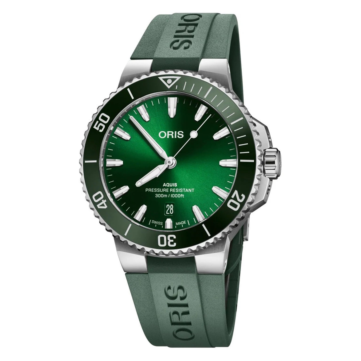 The Oris Aquis Date is a Swiss-made dive watch with a green dial, green rubber strap, silver markings, and rotating bezel, showing the time at 10:09.