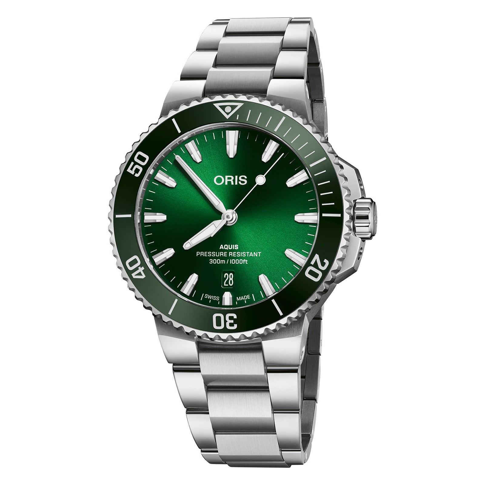 The Oris Aquis Date is a stainless steel toolwatch with a green dial and bezel, Swiss Made, featuring a 10:10 display, date window at 6 o’clock, and water resistance up to 300 meters.