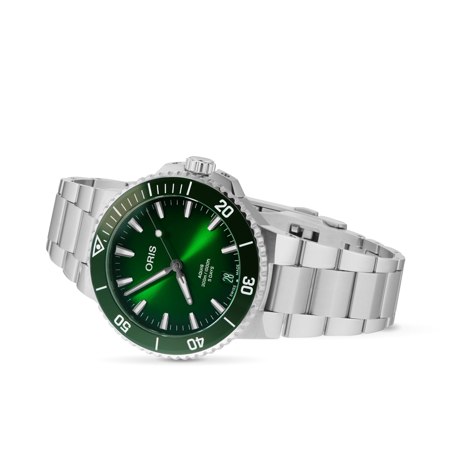 The Oris Aquis Date Calibre 400 features a metallic green dial and bezel, silver hour markers, and a stainless steel bracelet—an eye-catching modern diving watch displayed at an angle.
